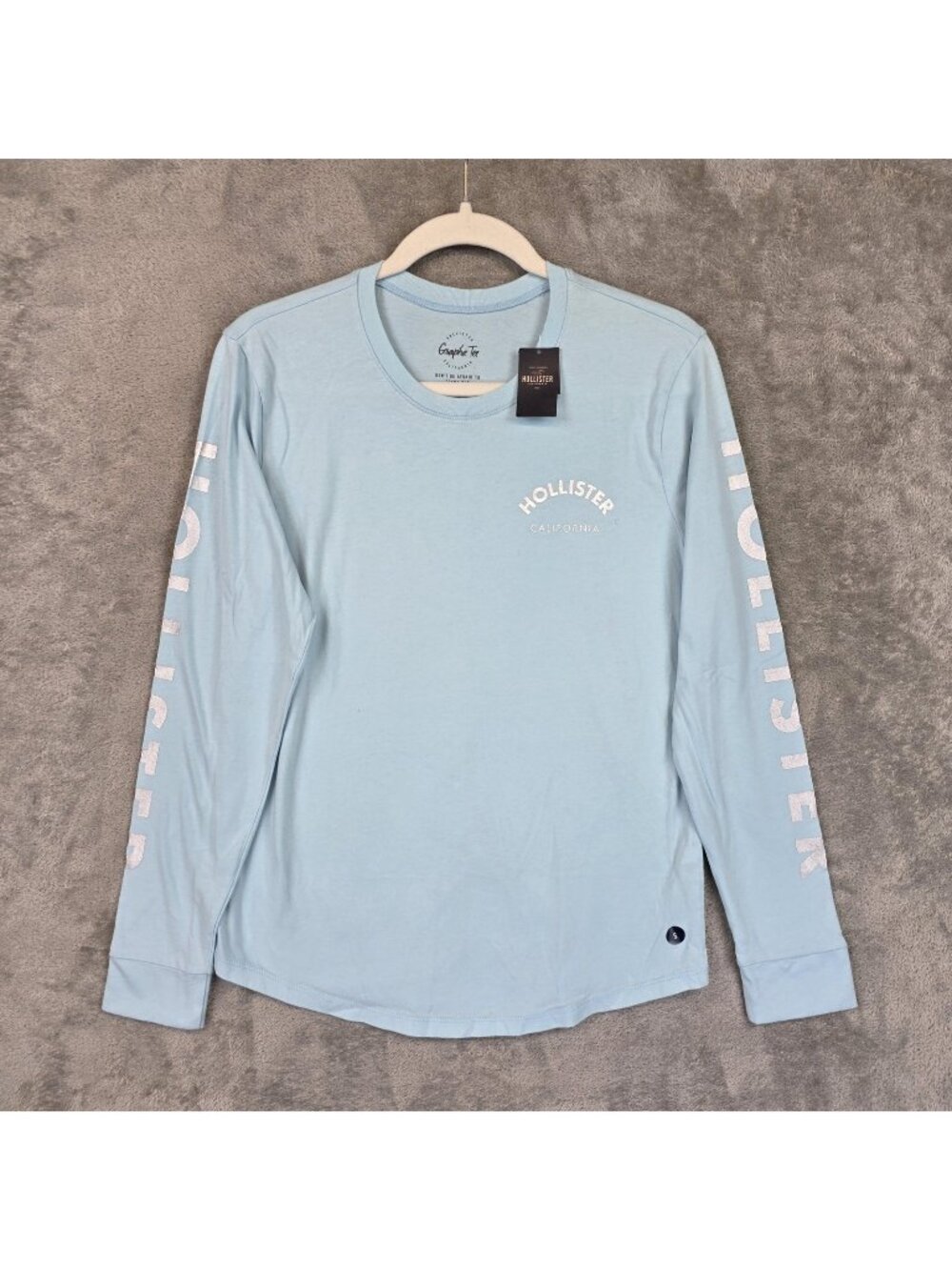 Hollister T-Shirt Womens S Blue Long Sleeve Graphic Logo Crew Neck California